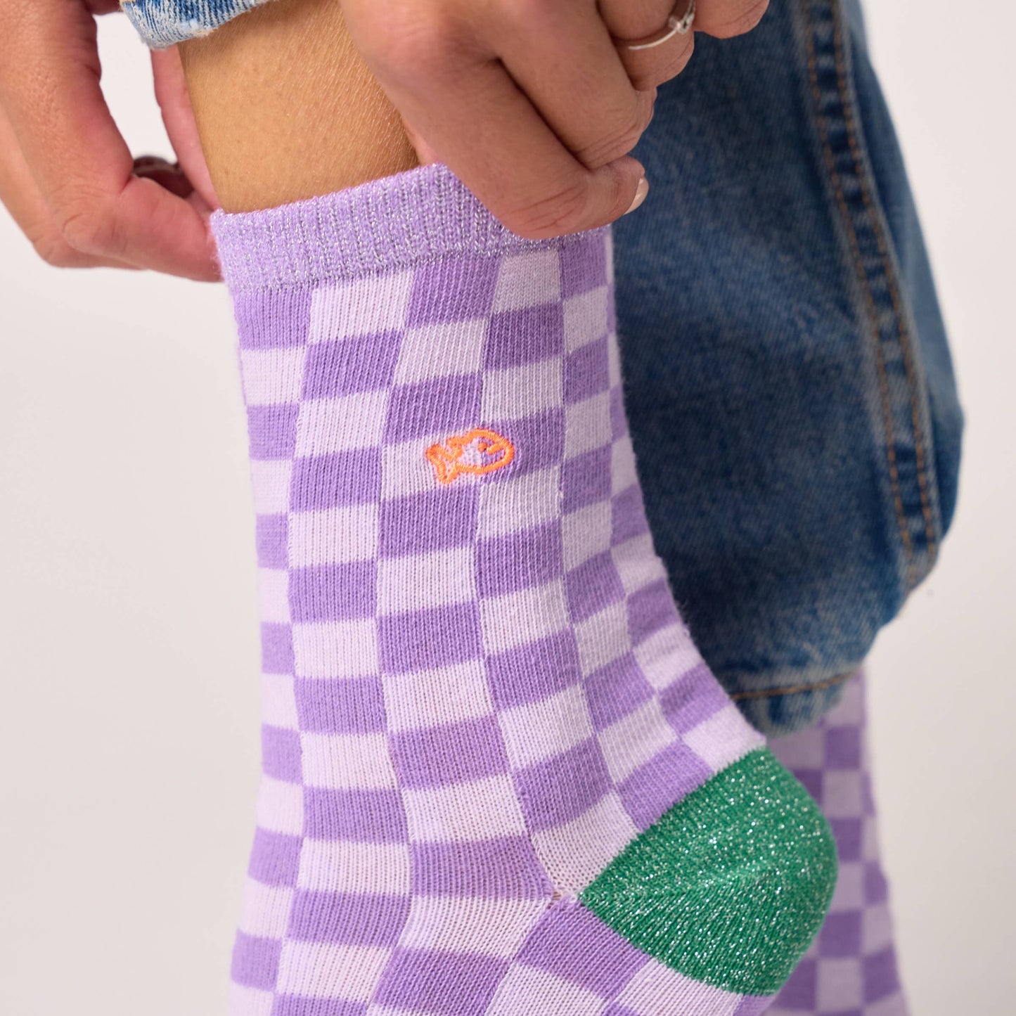 Gekämmte Baumwollsocken mit Karomuster - Mehrfarbig Violett