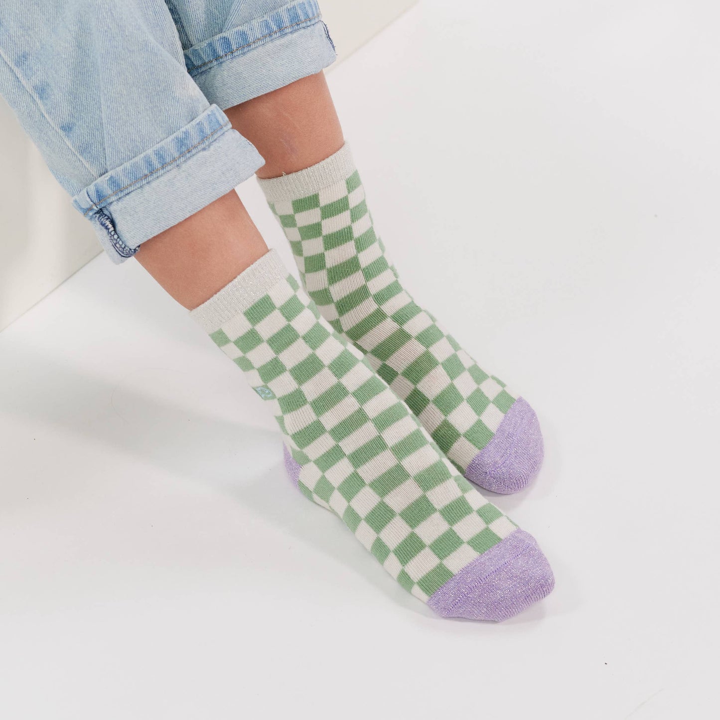 Mädchensocken mit Karomuster - Weiß und Grün