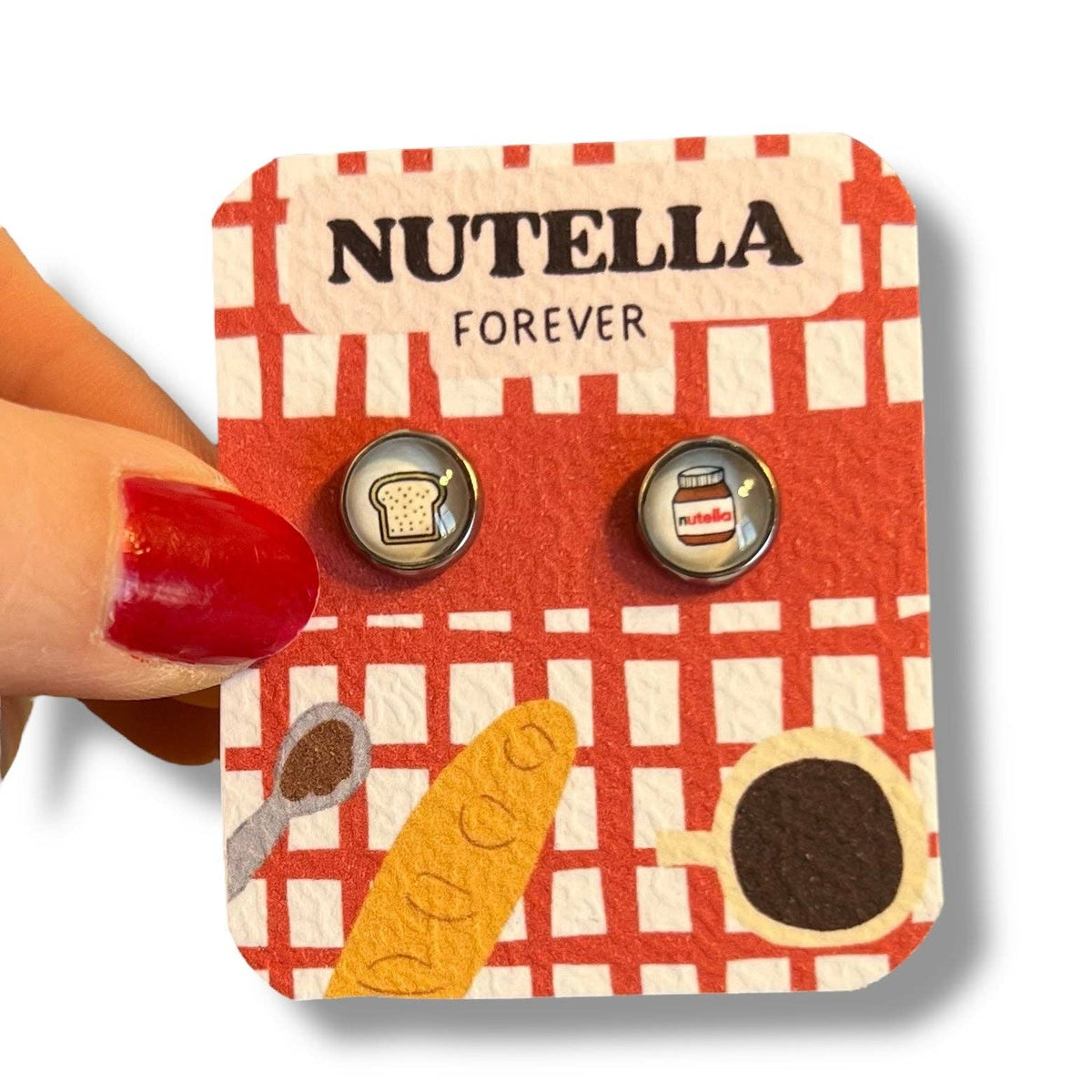 Nutella Kinderohrringe mit der Aufschrift „nutella: the only reason to buy bread!“