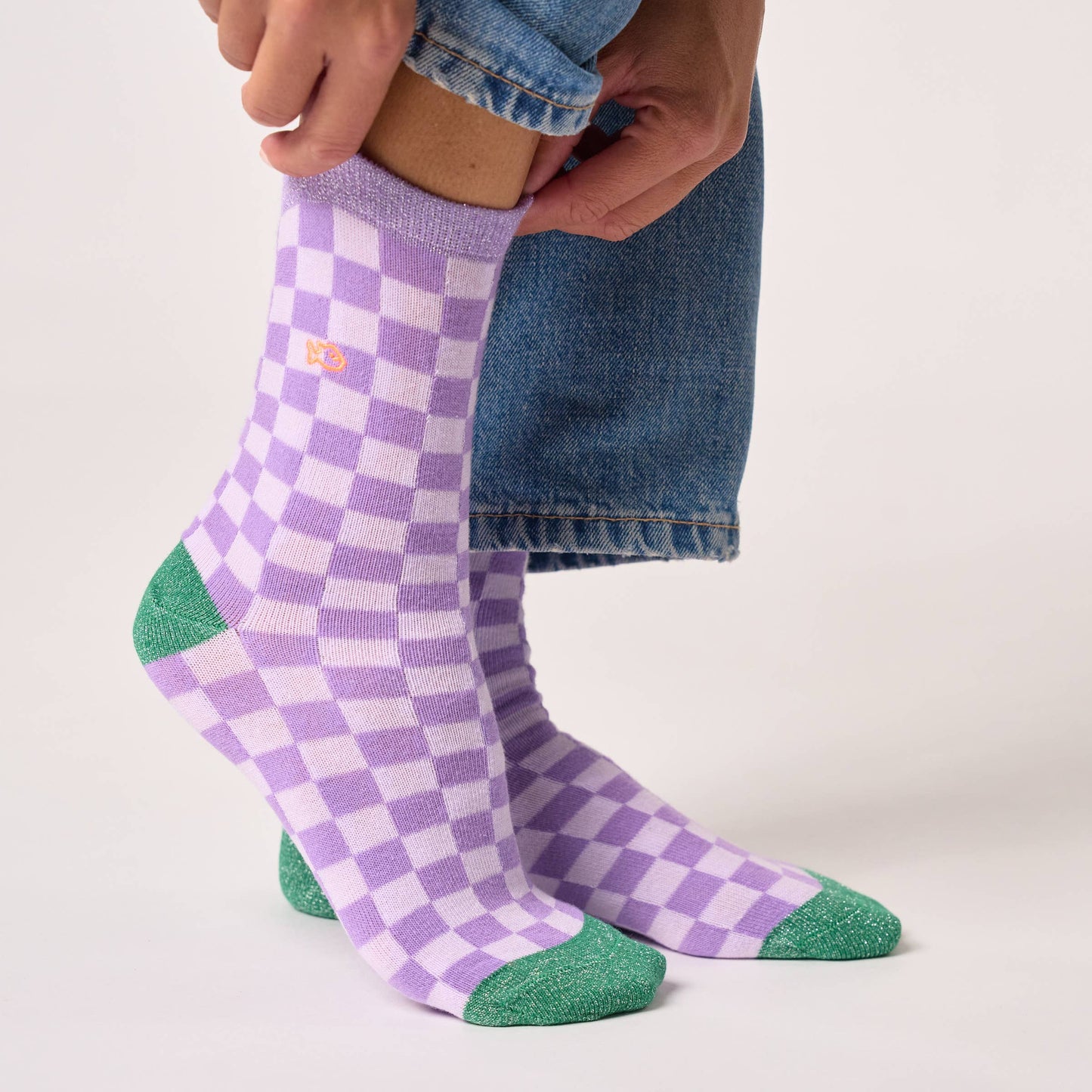 Gekämmte Baumwollsocken mit Karomuster - Mehrfarbig Violett