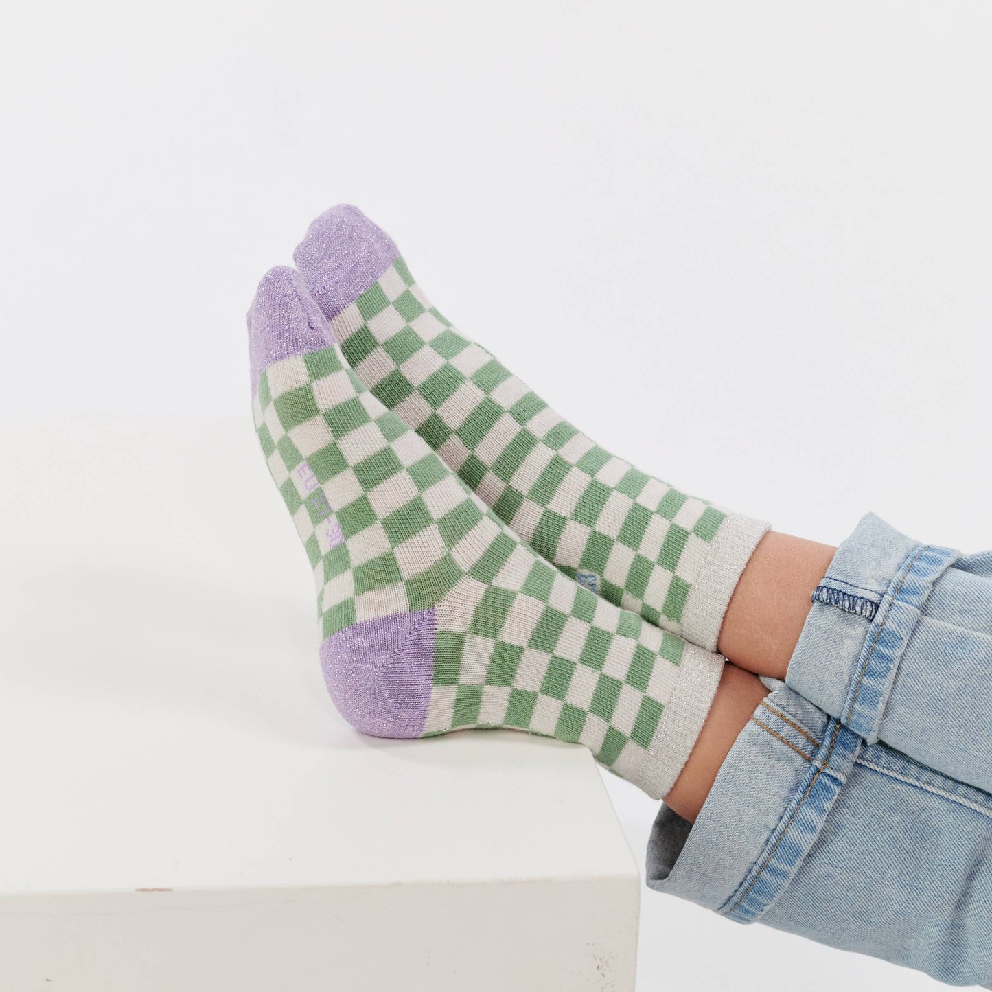 Mädchensocken mit Karomuster - Weiß und Grün