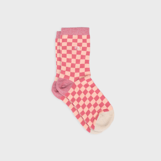 Gekämmte Baumwollsocken mit Karomuster - Rosa und Pfirsich
