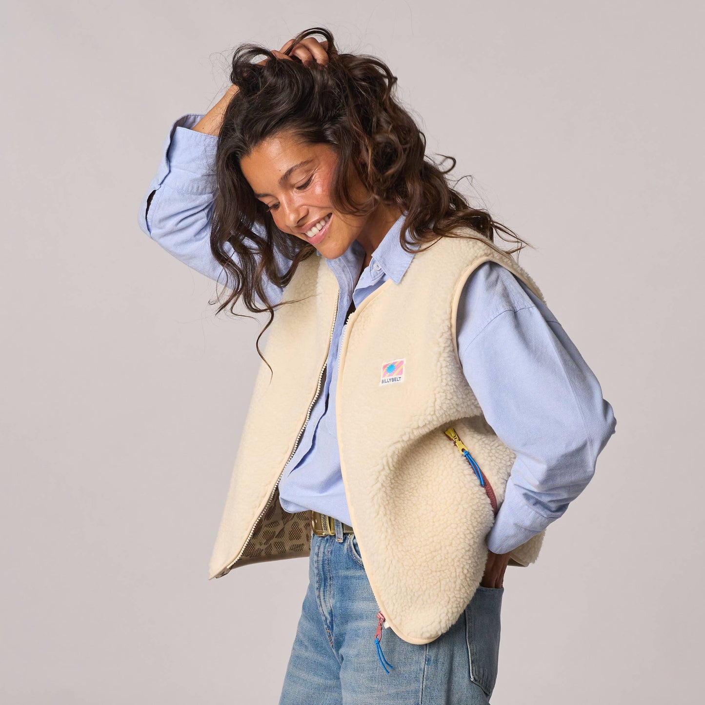 Ärmellose Damen-Sherpa-Jacke mit Reißverschluss - Elfenbein